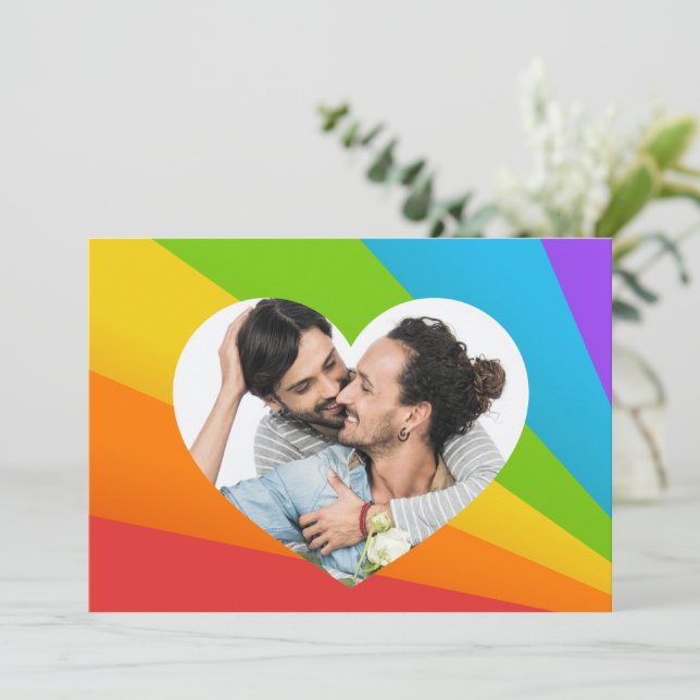 Rainbow Heart Gay Couple Photo Custom Romantic Card (Standing Front)