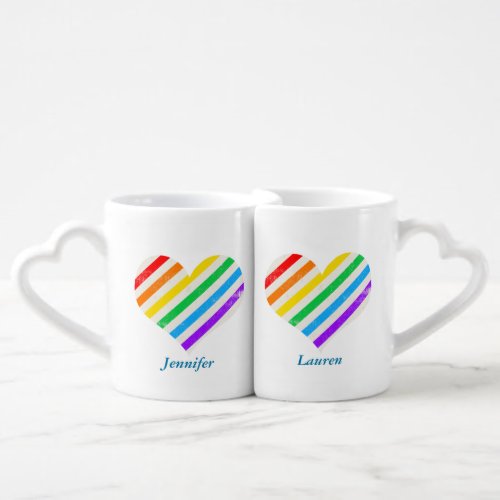 Rainbow Heart Gay Wedding Custom Newlywed Names Coffee Mug Set