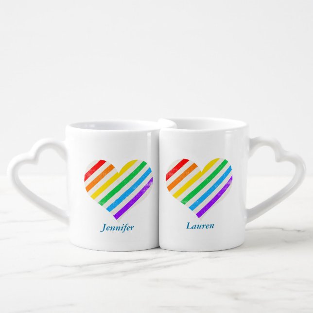 Rainbow Heart Gay Wedding Custom Newlywed Names Coffee Mug Set (Front Nesting)