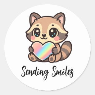 Rainbow Heart Happy Kawaii Raccoon Sending Smiles Classic Round Sticker