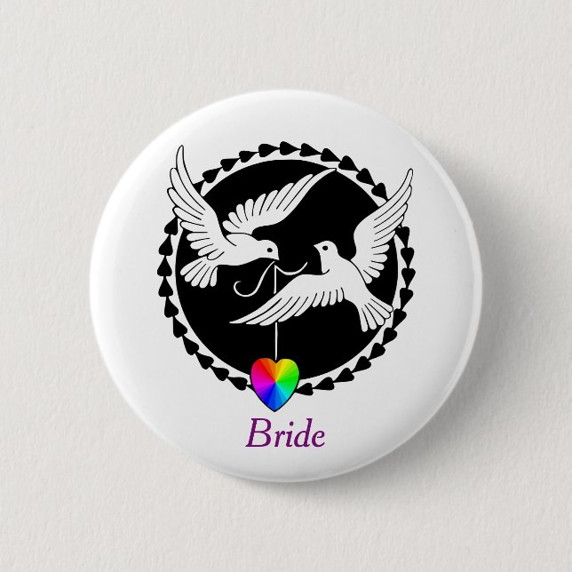 Rainbow Heart Love Doves Lesbian Bride's Badge Pinback Button (Front)