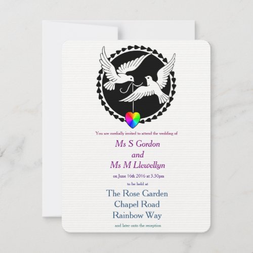 Rainbow Heart Love Doves Lesbian Wedding Invitation