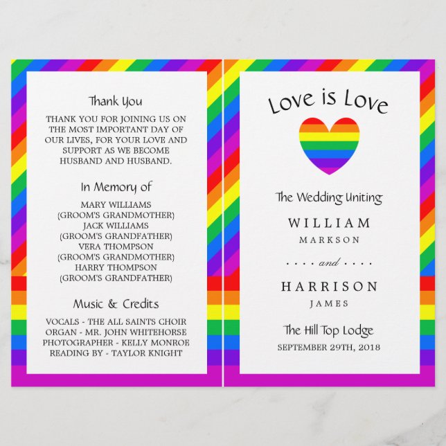 Rainbow Heart Love is Love Wedding Bi-fold Program (Front)