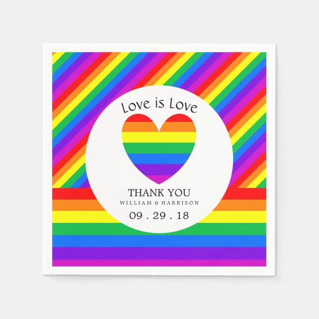 Rainbow Heart Love is Love Wedding Paper Napkins (Front)