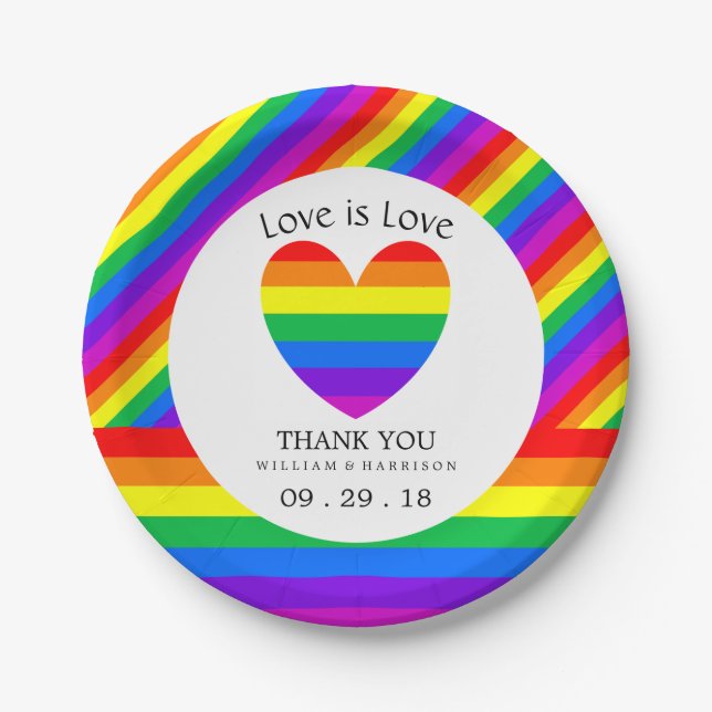 Rainbow Heart Love is Love Wedding Paper Plates (Front)