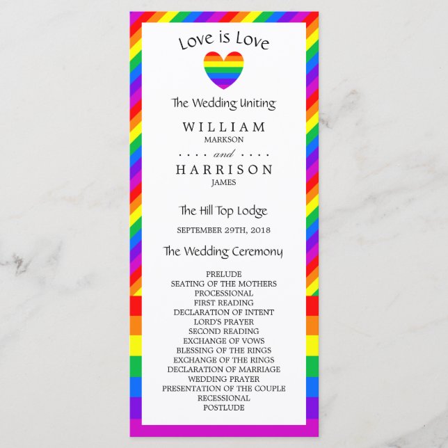 Rainbow Heart Love is Love Wedding Program (Front)