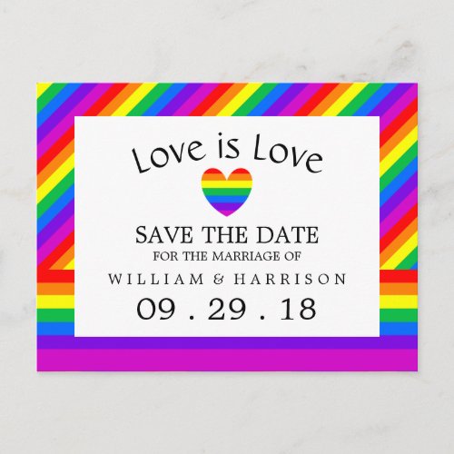 Rainbow Heart Love is Love Wedding Save The Date Announcement Postcard