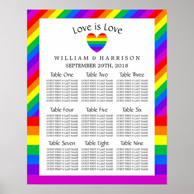 Rainbow Heart Love is Love Wedding Seating Chart (Front)