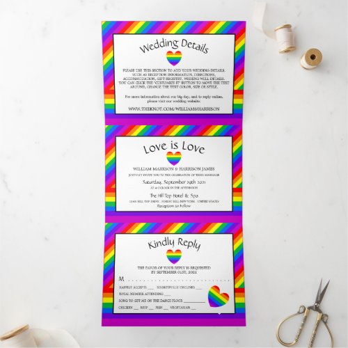 Rainbow Heart Love is Love Wedding Suite Tri_Fold Invitation