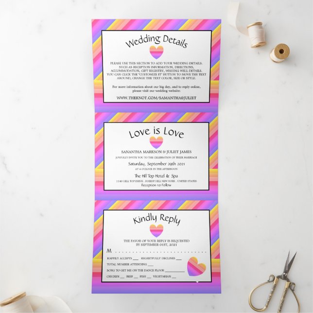 Rainbow Heart, Love is Love Wedding Suite Tri-Fold Invitation (Inside)