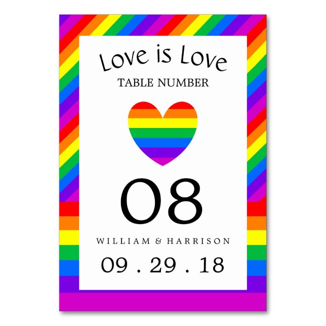 Rainbow Heart Love is Love Wedding Table No. Table Number (Front)