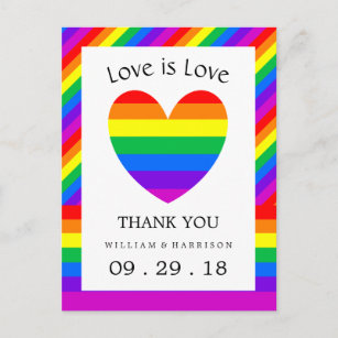 Rainbow Heart Love is Love Wedding Thank You Postcard