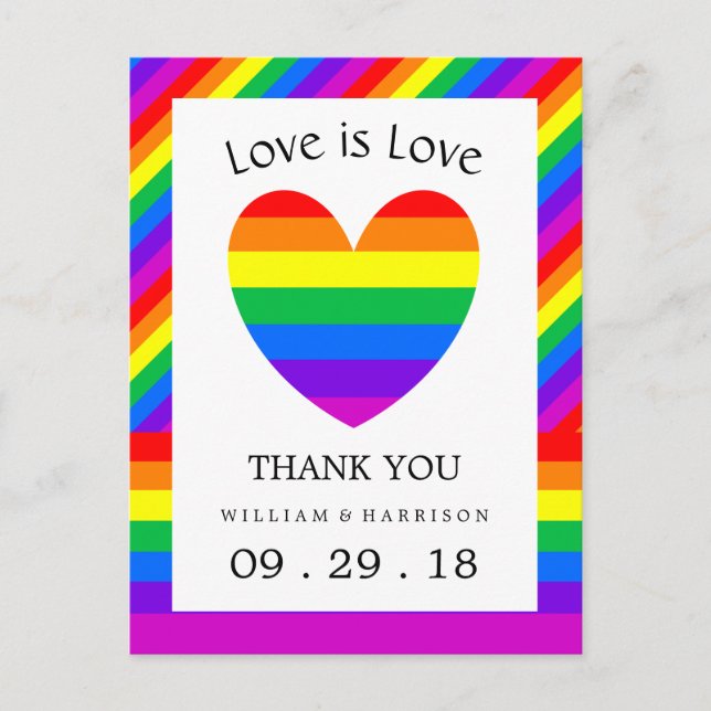 Rainbow Heart Love is Love Wedding Thank You Postcard (Front)
