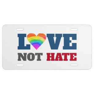 Rainbow Heart Love Not Hate on White Graphic Bold License Plate