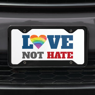 Rainbow Heart Love Not Hate on White Graphic Bold License Plate