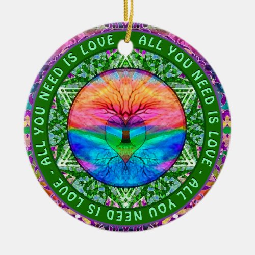 Rainbow Heart Mandala Positive Message Ceramic Ornament