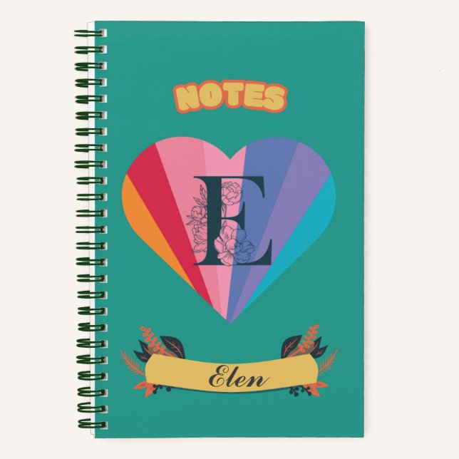 Rainbow Heart Notebook - Personalized Initial E (Front)