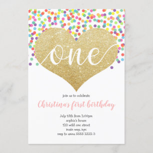 Rainbow Heart ONE Confetti Girl First Birthday Invitation