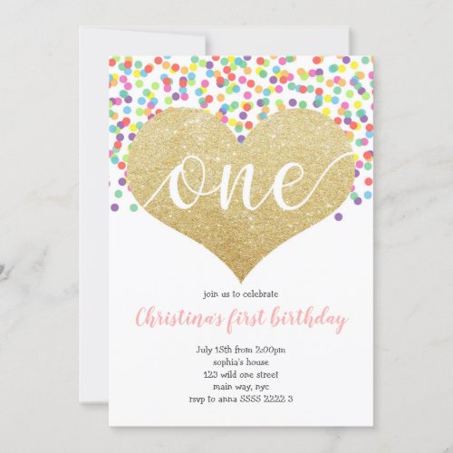 Rainbow Heart ONE Confetti Girl First Birthday Invitation