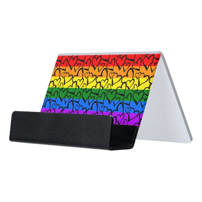 Rainbow Heart Pattern Desk Business Card Holder (Angled Front)