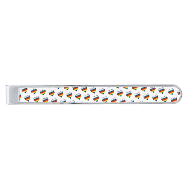 Rainbow Heart Pattern Silver Finish Tie Bar (Front)
