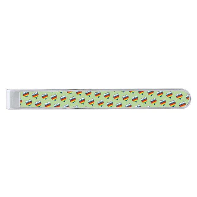 Rainbow Heart Pattern Silver Finish Tie Bar (Front)