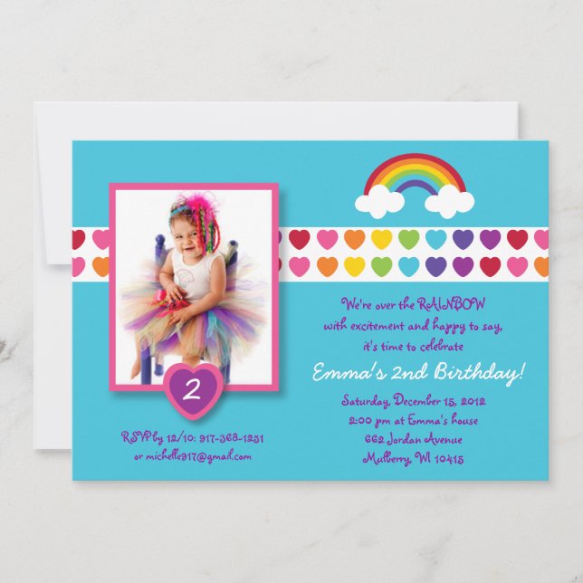 Rainbow Heart Photo Birthday Invitations (Front)