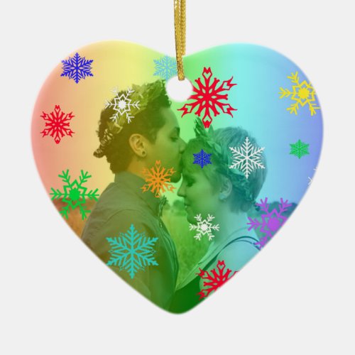 Rainbow Heart Photo Snowflakes Christmas LGBTQ Ceramic Ornament