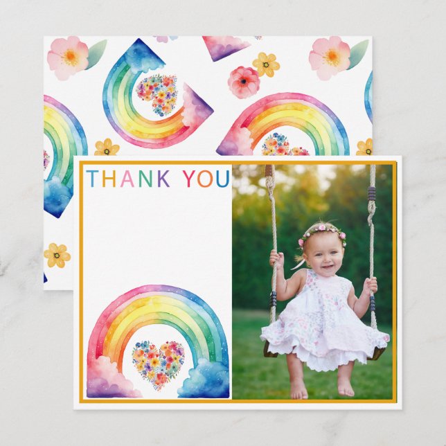 Rainbow Heart Photo Thank You with Clouds Card (Front/Back)