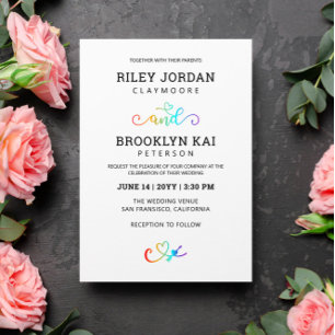 Rainbow Heart Script Cute LGBT Wedding Invitation