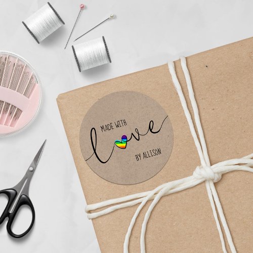 Rainbow Heart Script Hand Lettered Made With Love Classic Round Sticker
