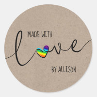 Rainbow Heart Script Hand Lettered Made With Love Classic Round Sticker