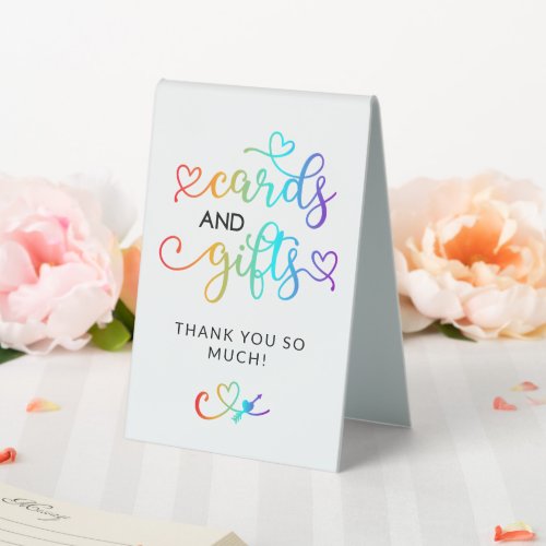 Rainbow Heart Script LGBT Wedding Cards Gifts Table Tent Sign