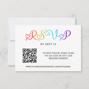 Rainbow Heart Script LGBT Wedding QR Code RSVP Card