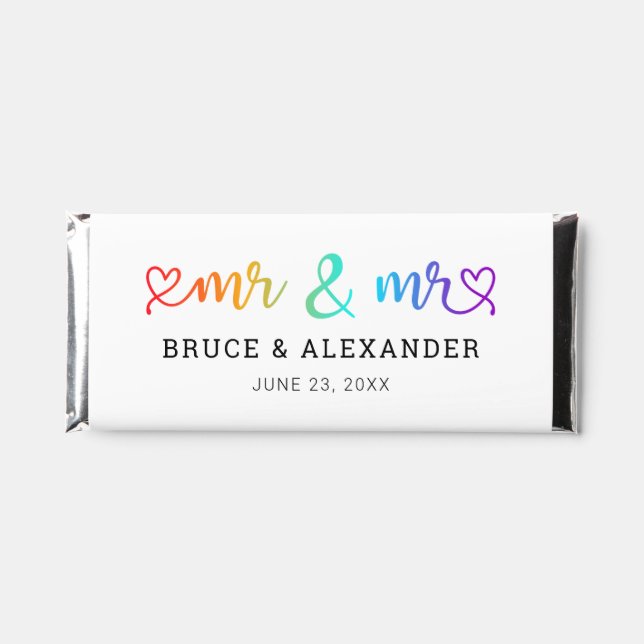 Rainbow Heart Script Mr & Mr Wedding Hershey Bar Favors (Front)