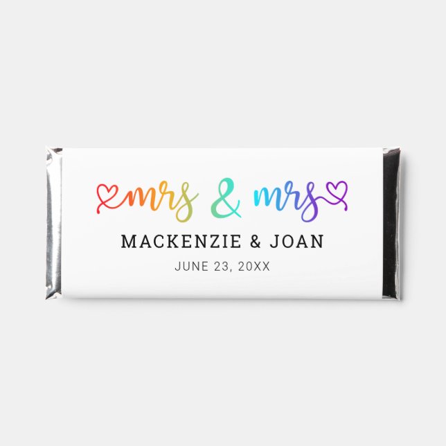 Rainbow Heart Script Mrs & Mrs Wedding Hershey Bar Favors (Front)