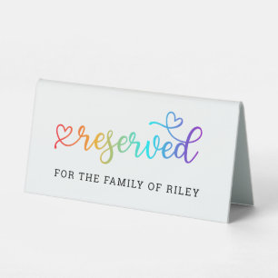 Rainbow Heart Script Reserved LGBT Wedding Table Tent