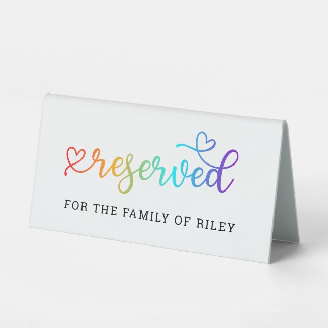 Rainbow Heart Script Reserved LGBT Wedding Table Tent (Front)