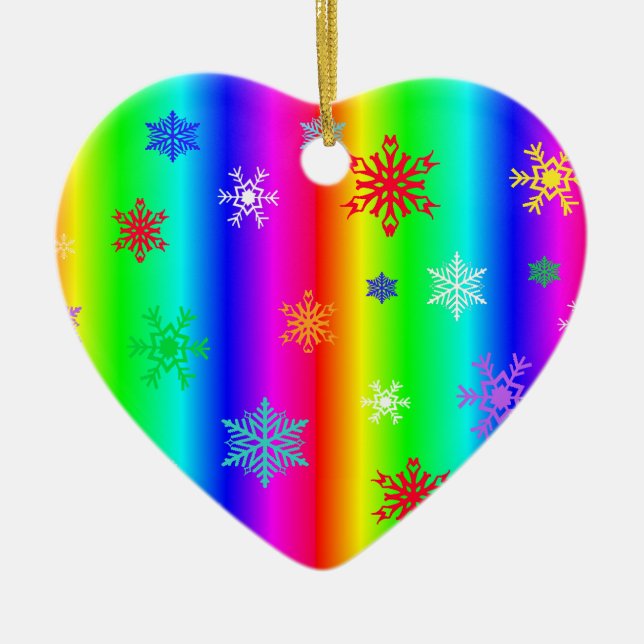 Rainbow Heart Snowflakes Christmas LGBTQ Ceramic Ornament (Front)