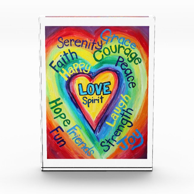 Rainbow Heart Spirit Words Art Paperweight Acrylic Award (Front)
