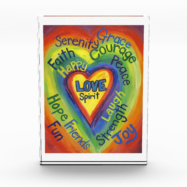 Rainbow Heart Spirit Words Art Paperweight Acrylic Award (Front)
