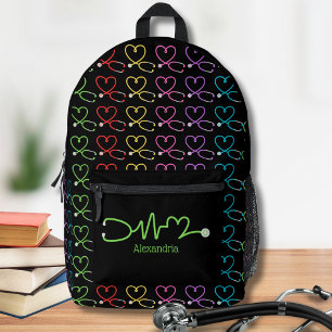 Rainbow Heart Stethoscope Monogram Printed Backpack