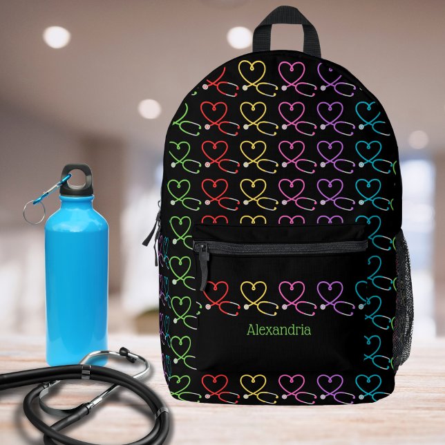 Rainbow Heart Stethoscope Monogram  Printed Backpack (Creator Uploaded)