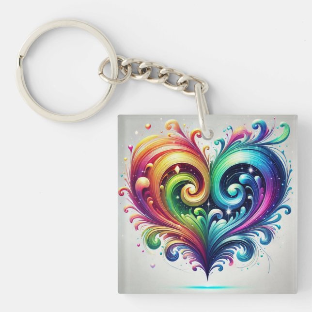 Rainbow Heart Swirling Bright Colors  Keychain (Front)