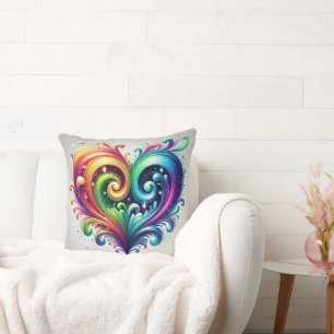 Rainbow Heart Swirling Bright Colors Throw Pillow