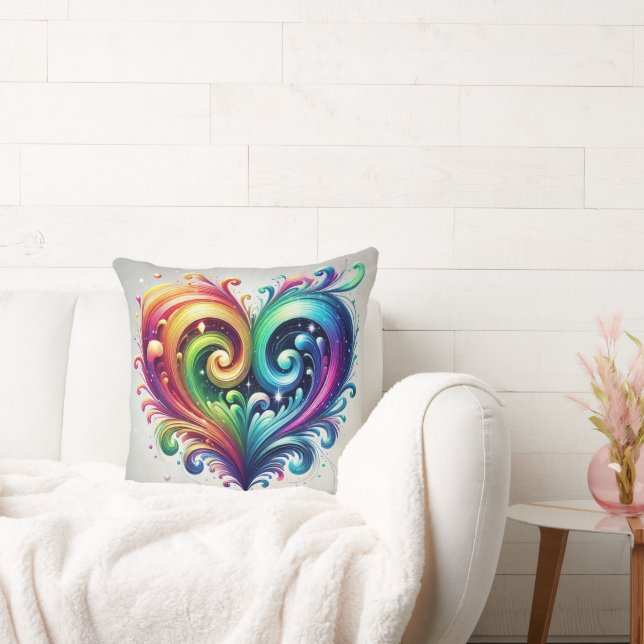 Rainbow Heart Swirling Bright Colors  Throw Pillow (Couch)