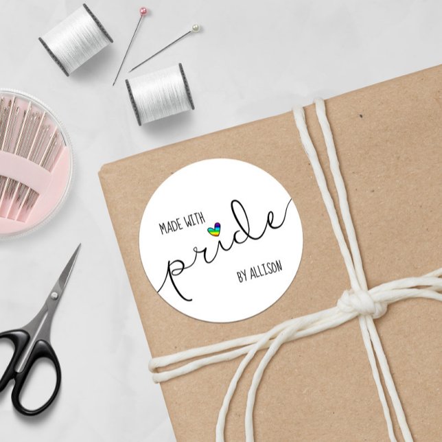 🏳‍🌈Rainbow Heart Typography Made With Pride Classic Round Sticker (Creator Uploaded)