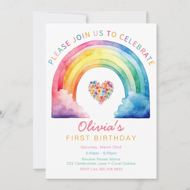 Rainbow Heart Watercolor 1st Birthday Invite (Front)