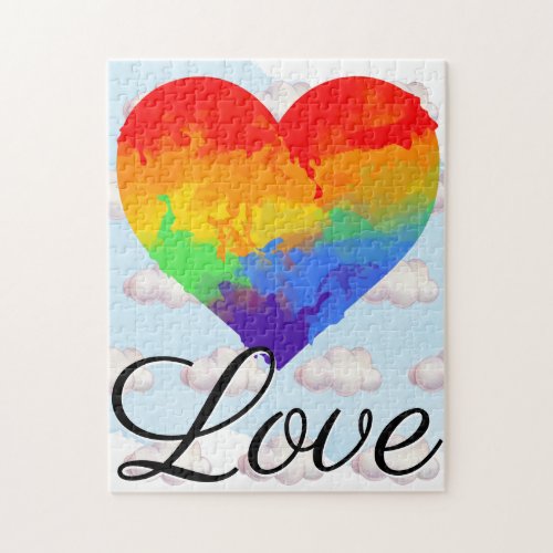 Rainbow Heart Watercolor w Love Script Typography Jigsaw Puzzle