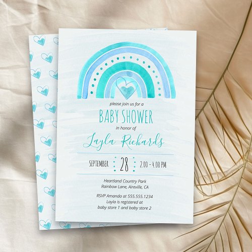 Rainbow Heart Watercolor Wash Blue Baby Shower Invitation